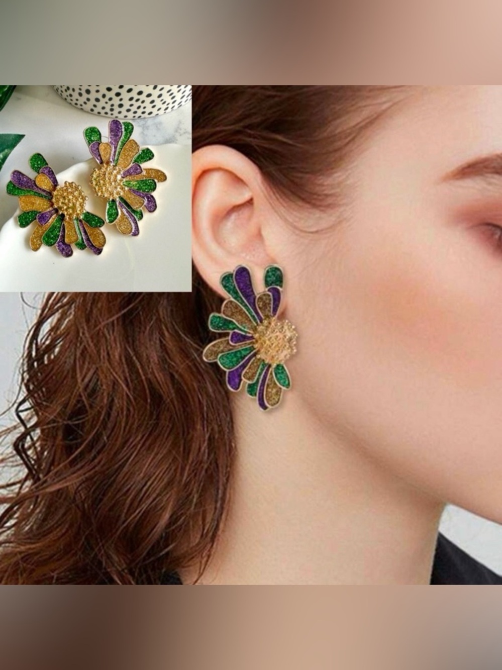 2/$30🌵 Gold Green Purple Flower Earrings Zara Large Mardi Gras Carnival NEW